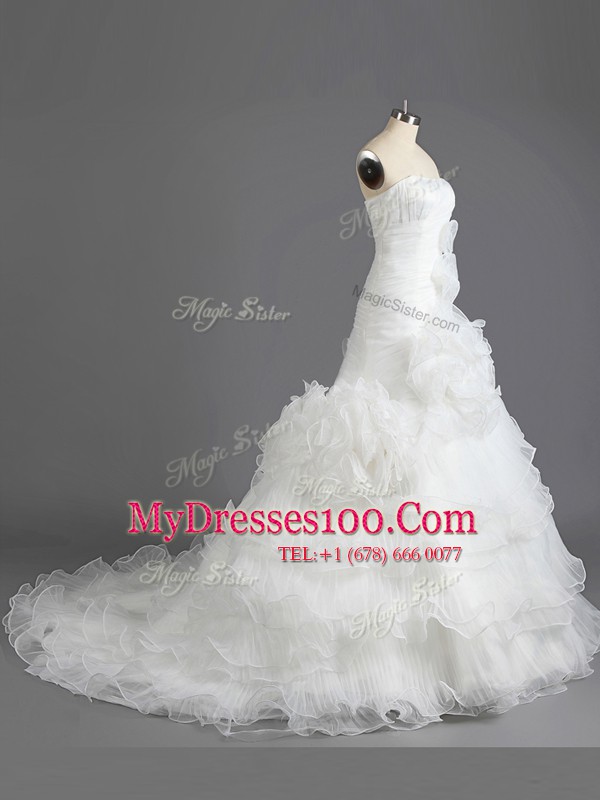 Graceful Sleeveless Organza With Train Court Train Lace Up Bridal Gown in White with Ruffled Layers
