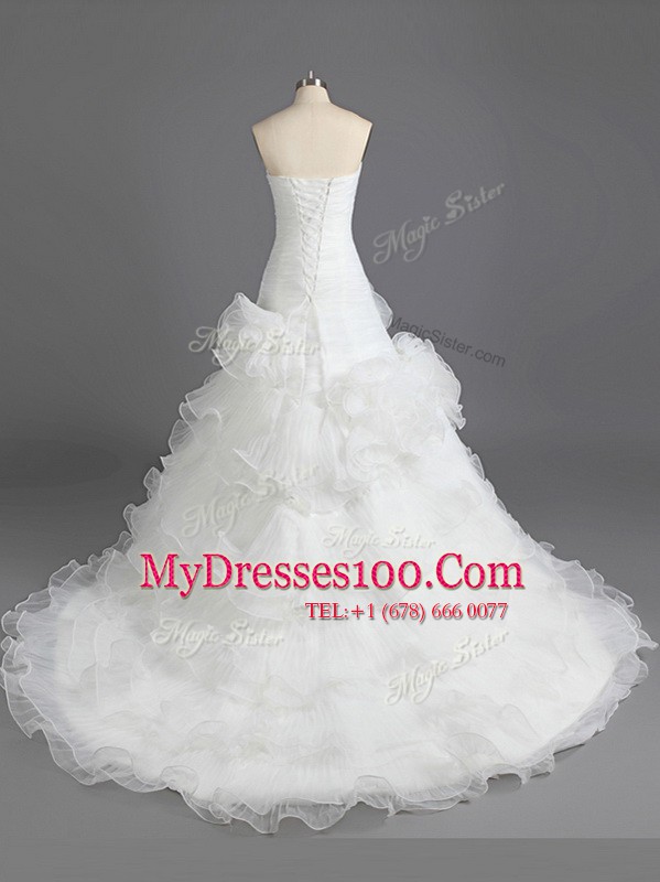 Graceful Sleeveless Organza With Train Court Train Lace Up Bridal Gown in White with Ruffled Layers