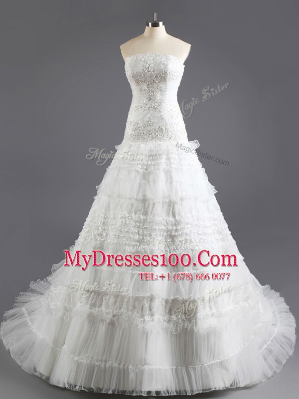 Sleeveless Court Train Beading and Appliques and Ruffled Layers Lace Up Wedding Dress
