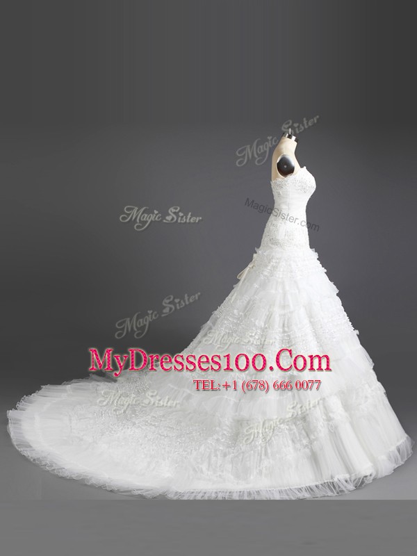 Sleeveless Court Train Beading and Appliques and Ruffled Layers Lace Up Wedding Dress