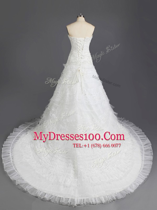 Sleeveless Court Train Beading and Appliques and Ruffled Layers Lace Up Wedding Dress