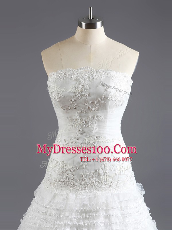 Sleeveless Court Train Beading and Appliques and Ruffled Layers Lace Up Wedding Dress