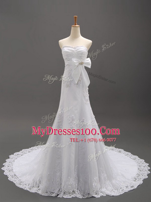 New Style With Train Column/Sheath Sleeveless White Wedding Dress Brush Train Lace Up