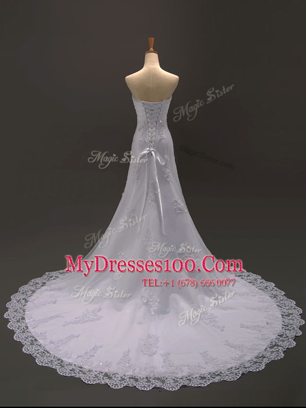 New Style With Train Column/Sheath Sleeveless White Wedding Dress Brush Train Lace Up