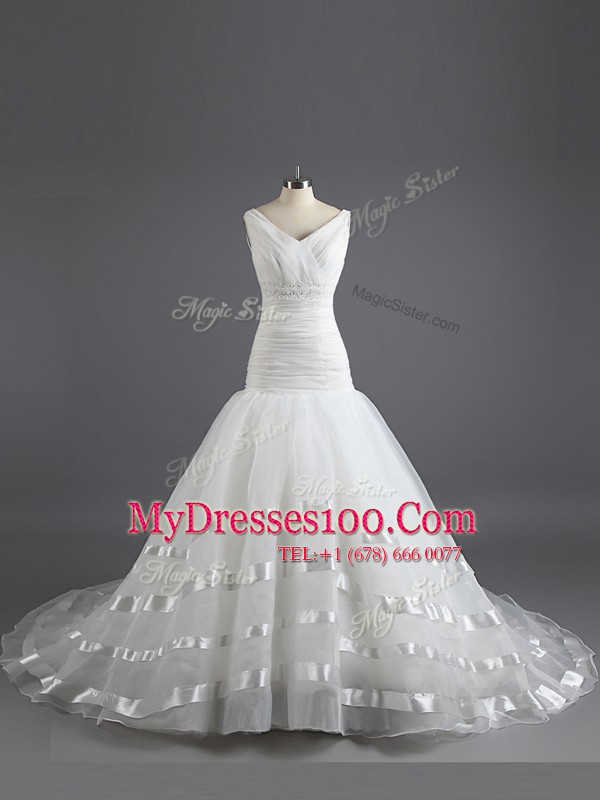 Exceptional V-neck Sleeveless Court Train Lace Up Wedding Gown White Organza