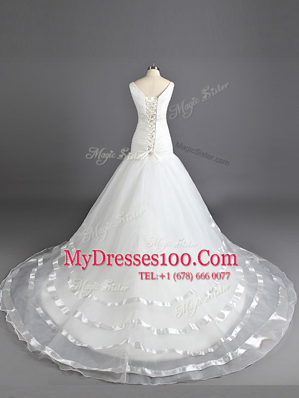 Exceptional V-neck Sleeveless Court Train Lace Up Wedding Gown White Organza