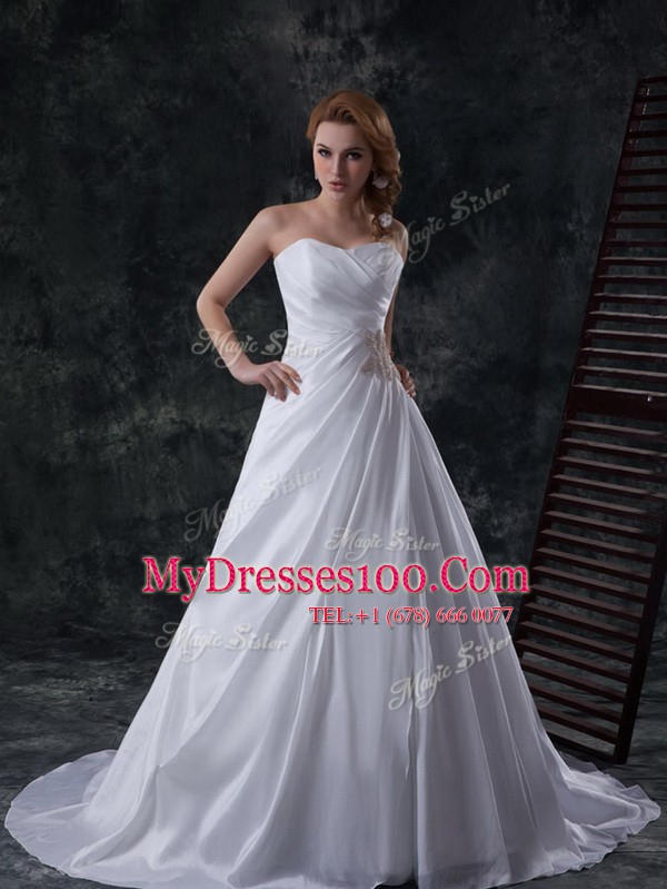 Sleeveless Ruching Lace Up Wedding Dresses with White Brush Train