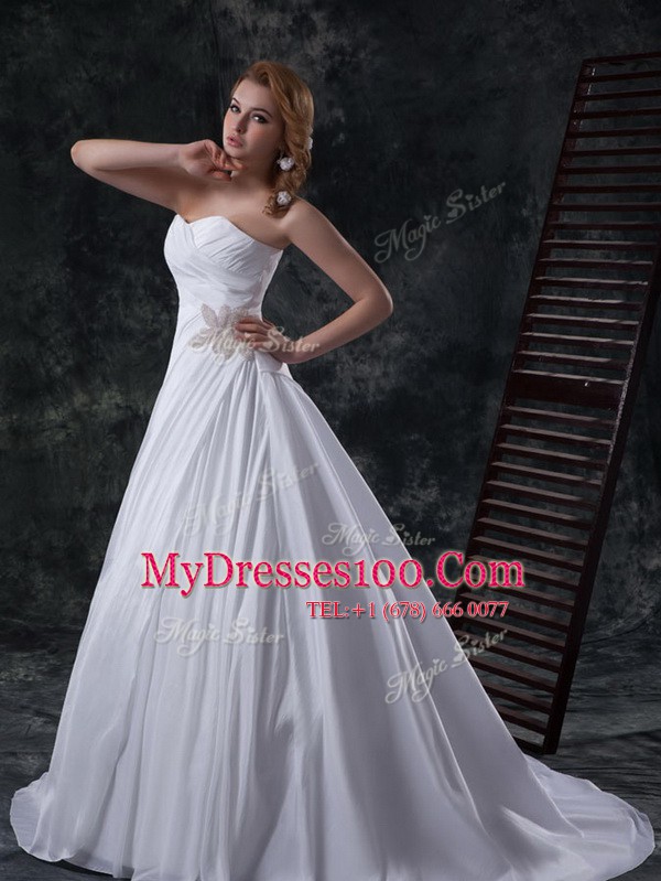 Sleeveless Ruching Lace Up Wedding Dresses with White Brush Train