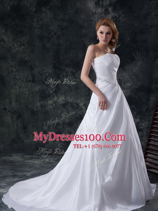 Sleeveless Ruching Lace Up Wedding Dresses with White Brush Train