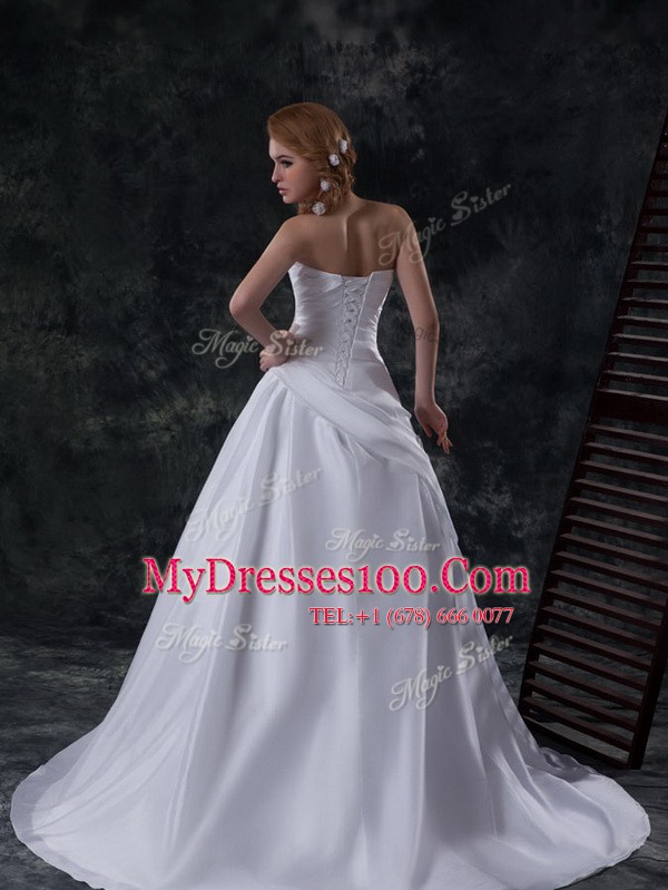 Sleeveless Ruching Lace Up Wedding Dresses with White Brush Train