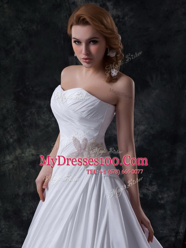 Sleeveless Ruching Lace Up Wedding Dresses with White Brush Train
