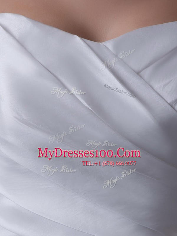 Sleeveless Ruching Lace Up Wedding Dresses with White Brush Train