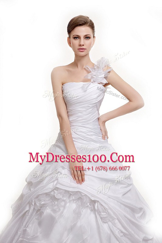 Eye-catching White Lace Up Wedding Dress Ruching and Pick Ups Sleeveless With Train Court Train