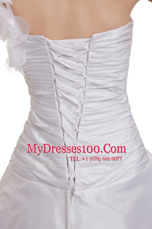 Eye-catching White Lace Up Wedding Dress Ruching and Pick Ups Sleeveless With Train Court Train