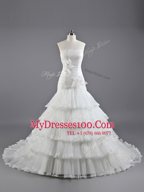 Strapless Sleeveless Organza Wedding Dress Ruffled Layers and Hand Made Flower Brush Train Lace Up
