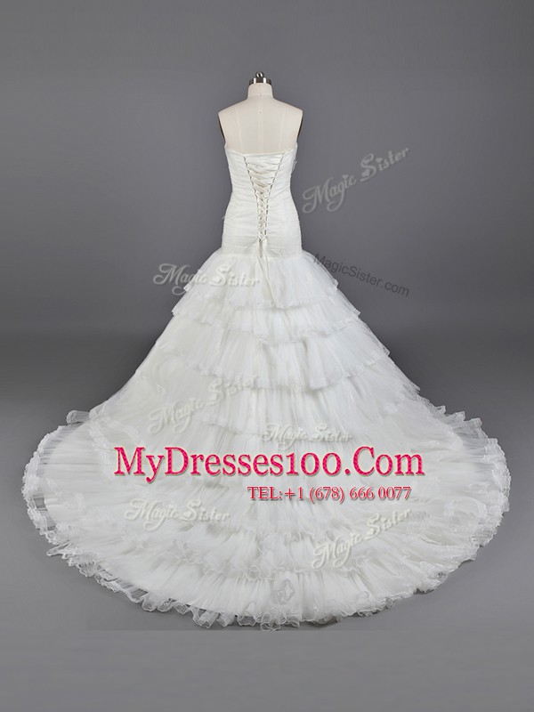 Strapless Sleeveless Organza Wedding Dress Ruffled Layers and Hand Made Flower Brush Train Lace Up