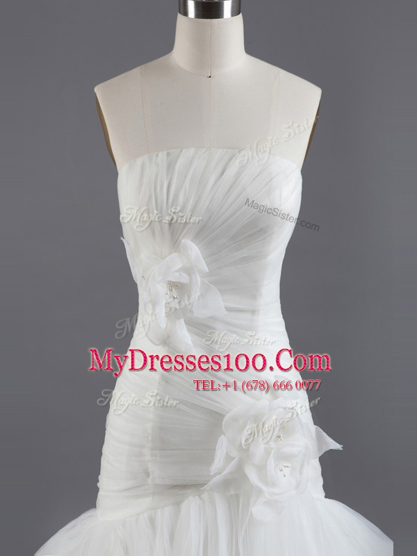 Strapless Sleeveless Organza Wedding Dress Ruffled Layers and Hand Made Flower Brush Train Lace Up