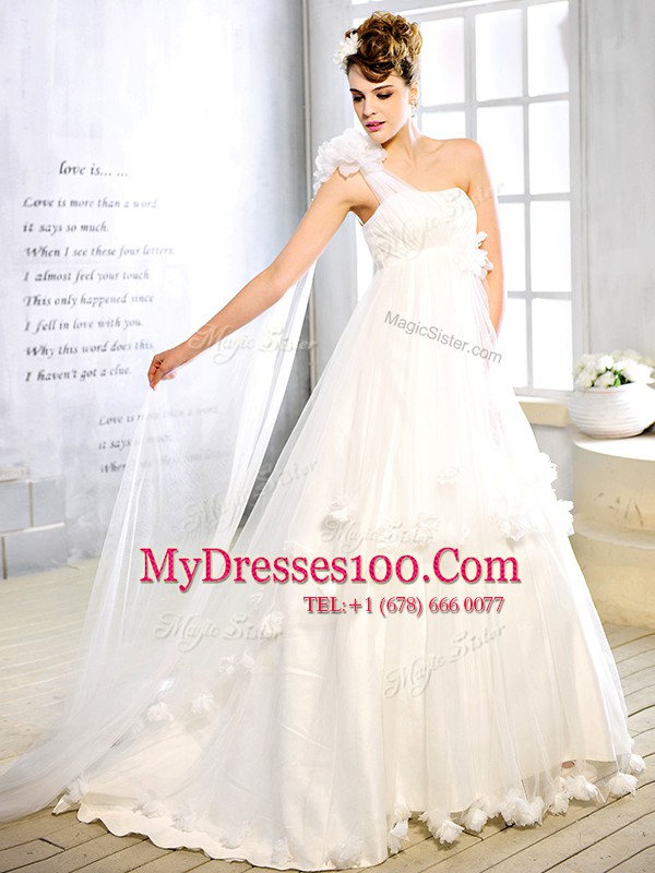 White One Shoulder Neckline Sashes ribbons and Hand Made Flower Wedding Gowns Sleeveless Lace Up