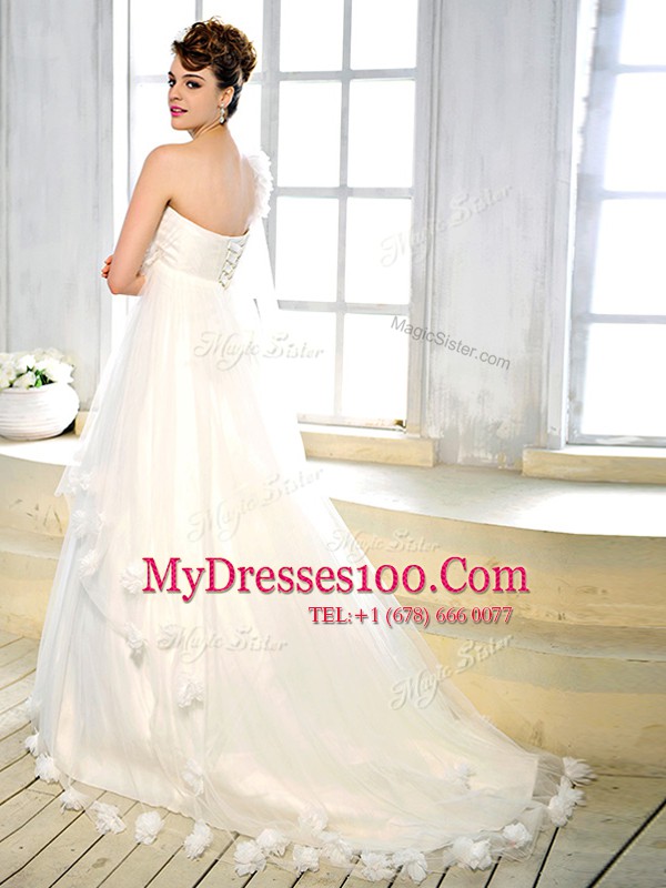 White One Shoulder Neckline Sashes ribbons and Hand Made Flower Wedding Gowns Sleeveless Lace Up