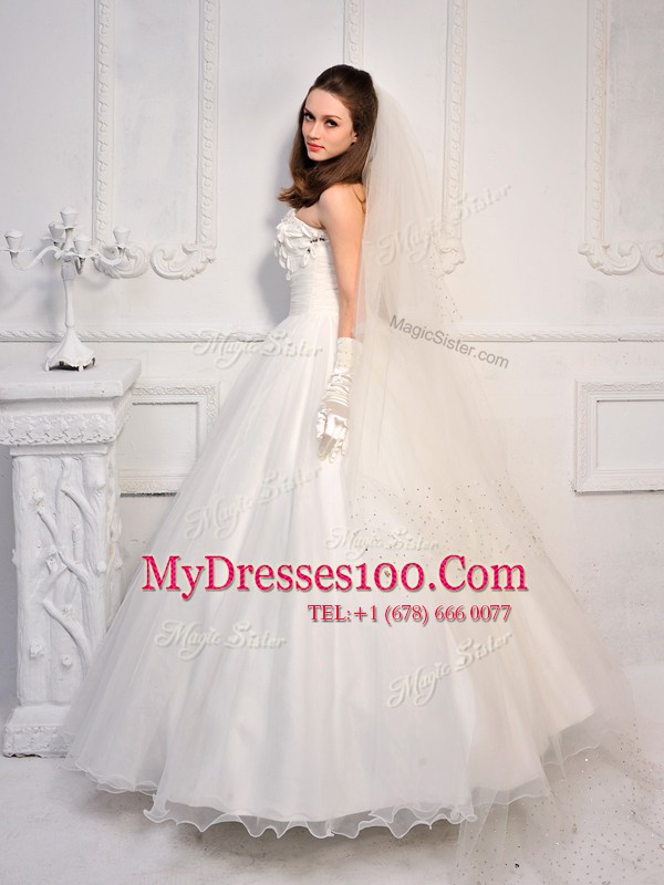 Inexpensive Sleeveless Ankle Length Beading Lace Up Bridal Gown with White