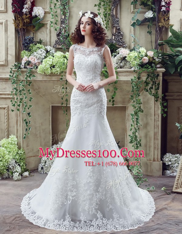 See Through Brush Train Mermaid Wedding Gowns White Scoop Lace Sleeveless Backless