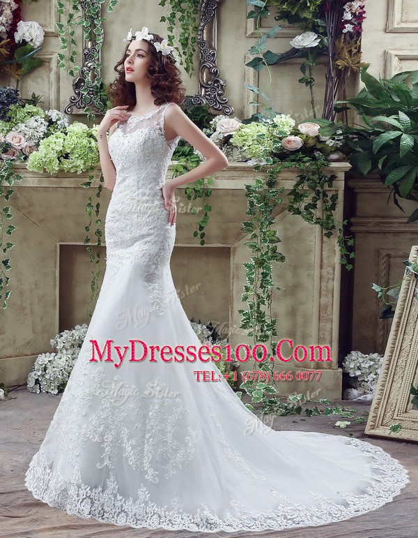 See Through Brush Train Mermaid Wedding Gowns White Scoop Lace Sleeveless Backless