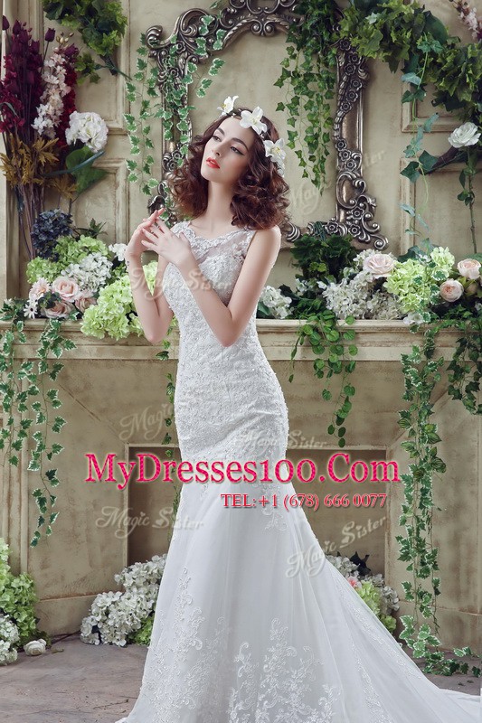 See Through Brush Train Mermaid Wedding Gowns White Scoop Lace Sleeveless Backless