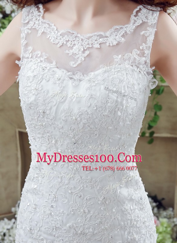 See Through Brush Train Mermaid Wedding Gowns White Scoop Lace Sleeveless Backless