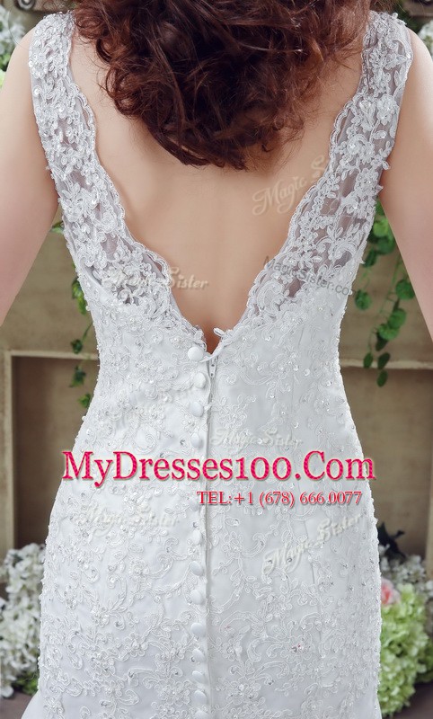 See Through Brush Train Mermaid Wedding Gowns White Scoop Lace Sleeveless Backless