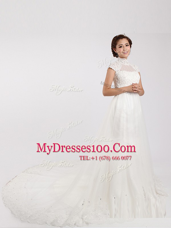 Ideal With Train White Wedding Gowns High-neck Short Sleeves Chapel Train Clasp Handle