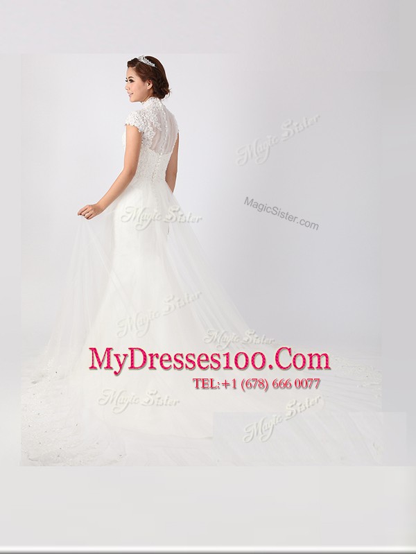 Ideal With Train White Wedding Gowns High-neck Short Sleeves Chapel Train Clasp Handle