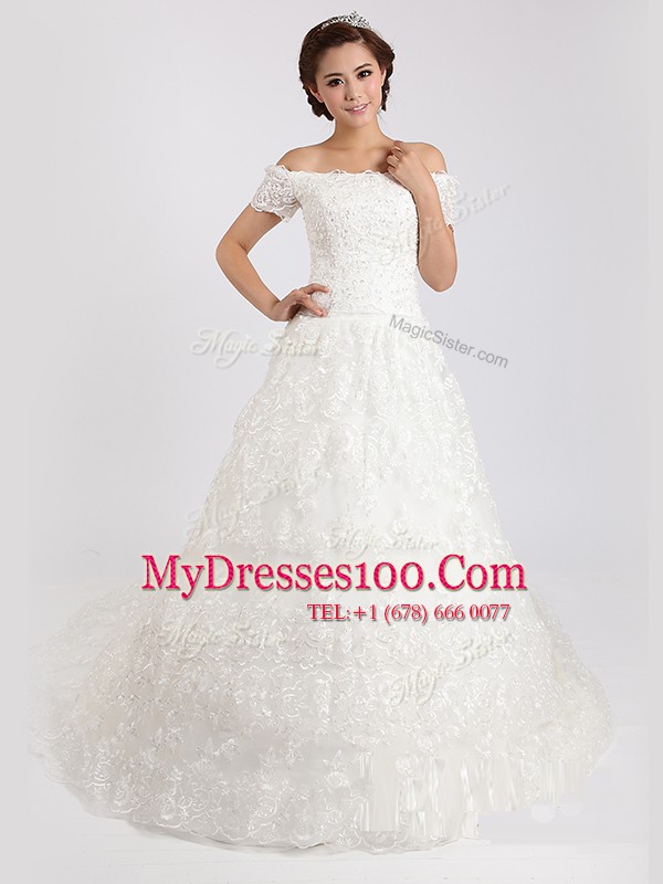 Off the Shoulder Short Sleeves Court Train Lace Lace Up Bridal Gown