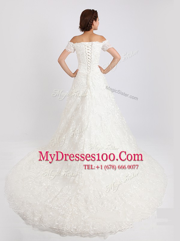 Off the Shoulder Short Sleeves Court Train Lace Lace Up Bridal Gown