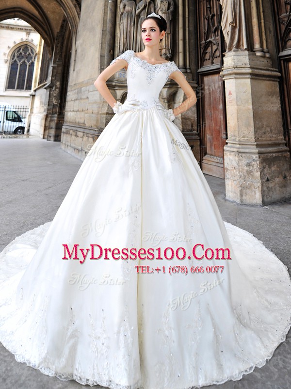 White Cap Sleeves Beading and Lace and Appliques Side Zipper Wedding Dress