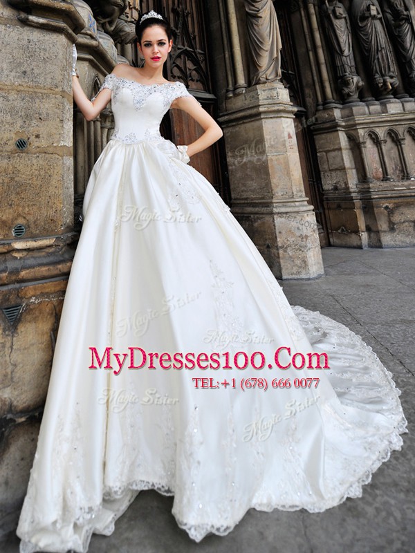 White Cap Sleeves Beading and Lace and Appliques Side Zipper Wedding Dress