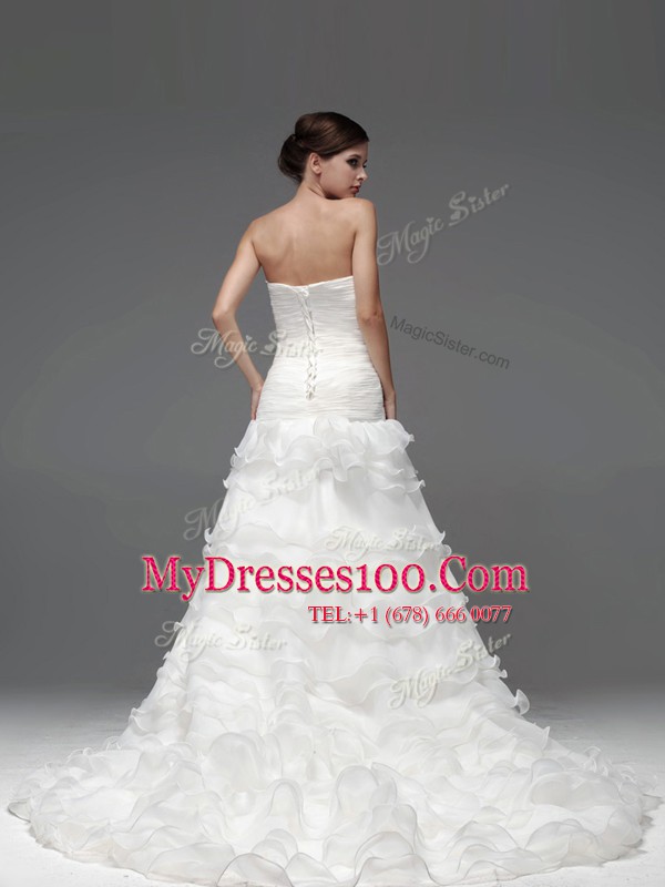 White Wedding Gowns Wedding Party and For with Beading and Ruffles and Ruffled Layers Strapless Sleeveless Lace Up