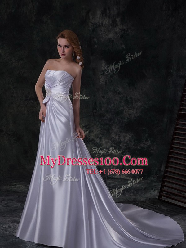 A-line Sleeveless Silver Wedding Dresses Brush Train Lace Up