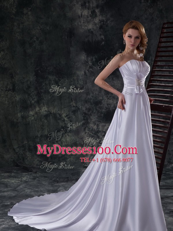 A-line Sleeveless Silver Wedding Dresses Brush Train Lace Up