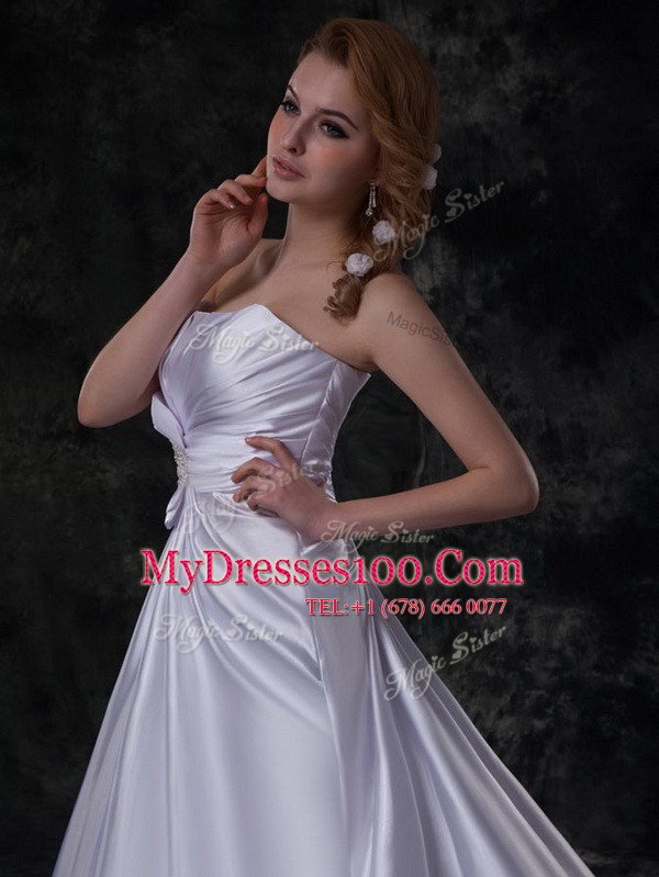 A-line Sleeveless Silver Wedding Dresses Brush Train Lace Up