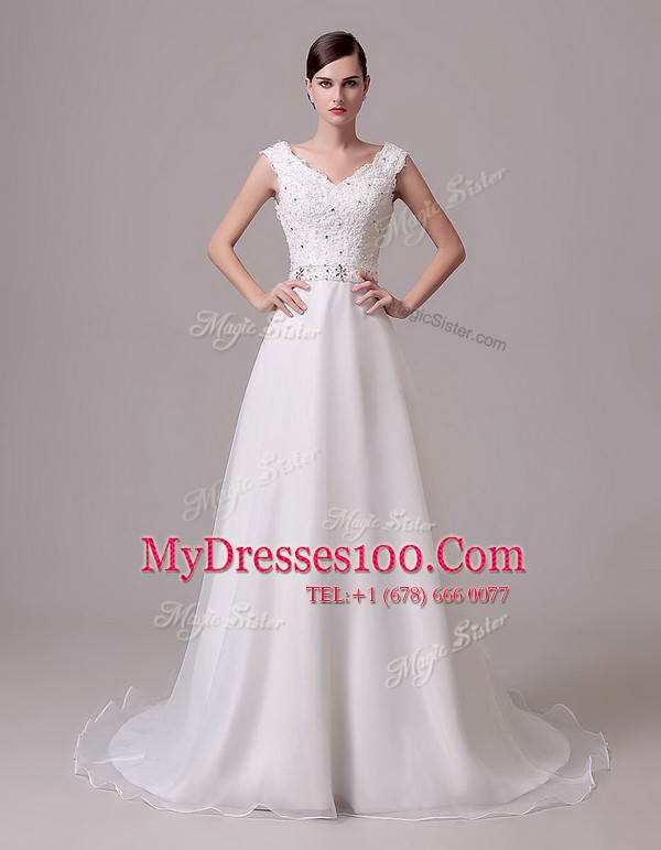 Sleeveless Brush Train Clasp Handle With Train Beading and Sashes ribbons Wedding Dress