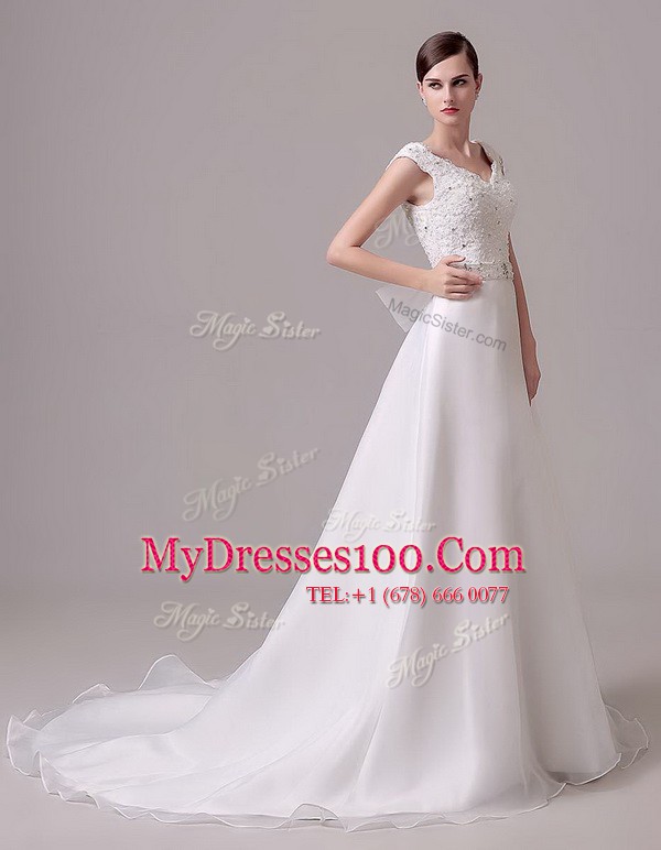 Sleeveless Brush Train Clasp Handle With Train Beading and Sashes ribbons Wedding Dress