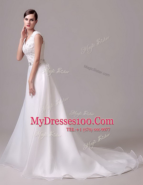 Sleeveless Brush Train Clasp Handle With Train Beading and Sashes ribbons Wedding Dress