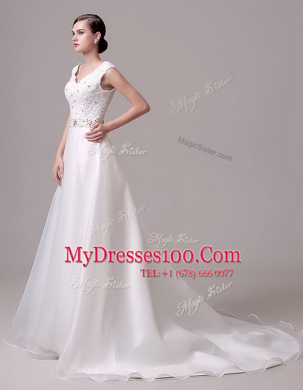 Sleeveless Brush Train Clasp Handle With Train Beading and Sashes ribbons Wedding Dress
