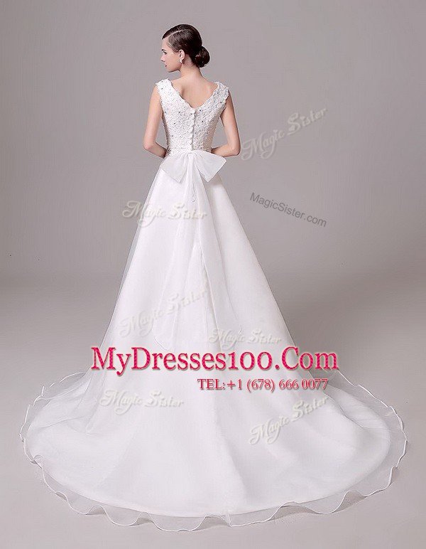 Sleeveless Brush Train Clasp Handle With Train Beading and Sashes ribbons Wedding Dress
