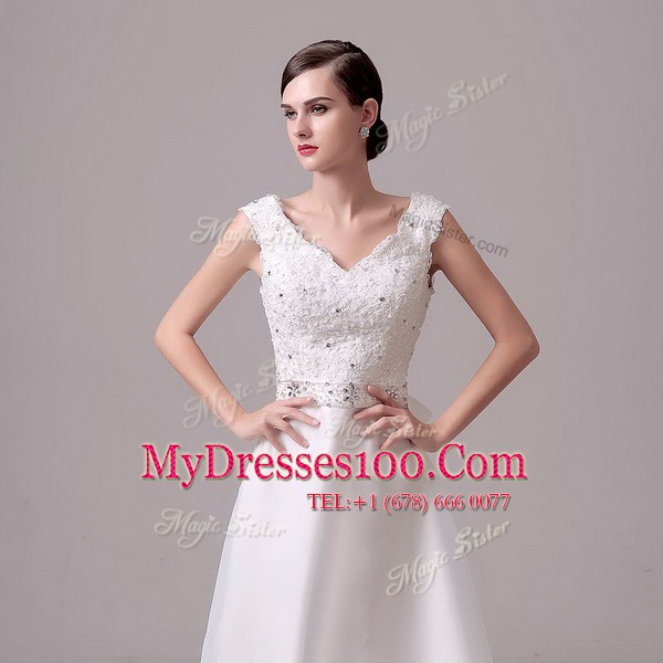 Sleeveless Brush Train Clasp Handle With Train Beading and Sashes ribbons Wedding Dress