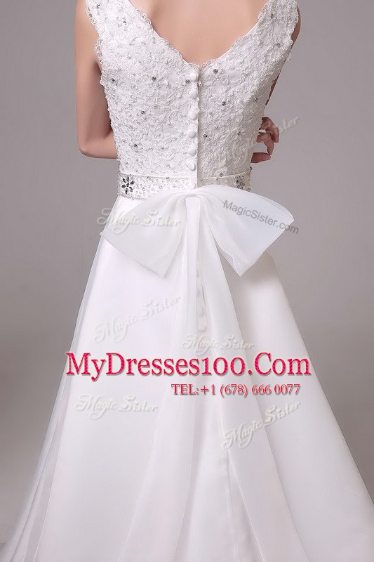Sleeveless Brush Train Clasp Handle With Train Beading and Sashes ribbons Wedding Dress