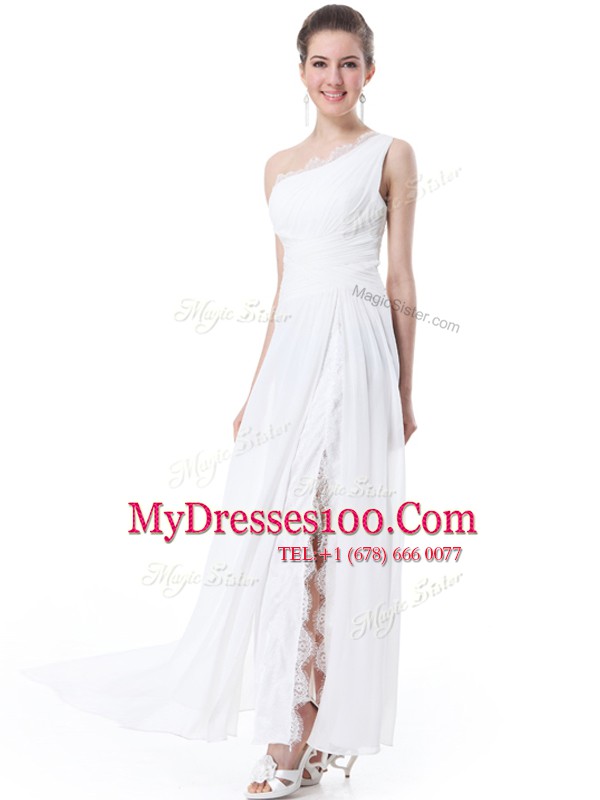 Custom Made White Chiffon Zipper One Shoulder Sleeveless Floor Length Wedding Gowns Lace