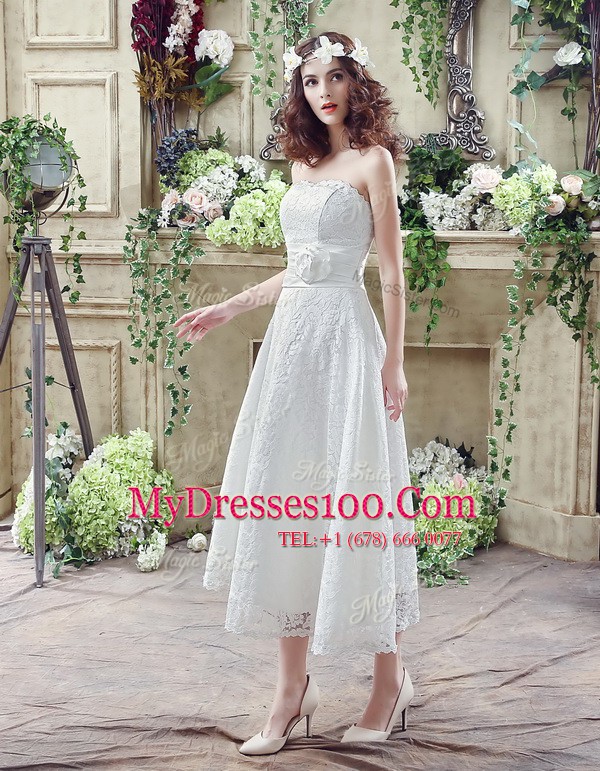 White Bridal Gown Wedding Party and For with Lace and Hand Made Flower Strapless Sleeveless Lace Up