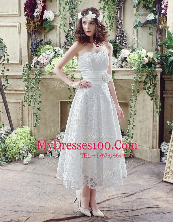 White Bridal Gown Wedding Party and For with Lace and Hand Made Flower Strapless Sleeveless Lace Up