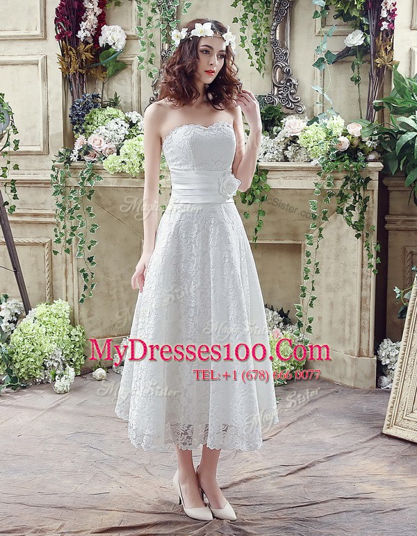 White Bridal Gown Wedding Party and For with Lace and Hand Made Flower Strapless Sleeveless Lace Up